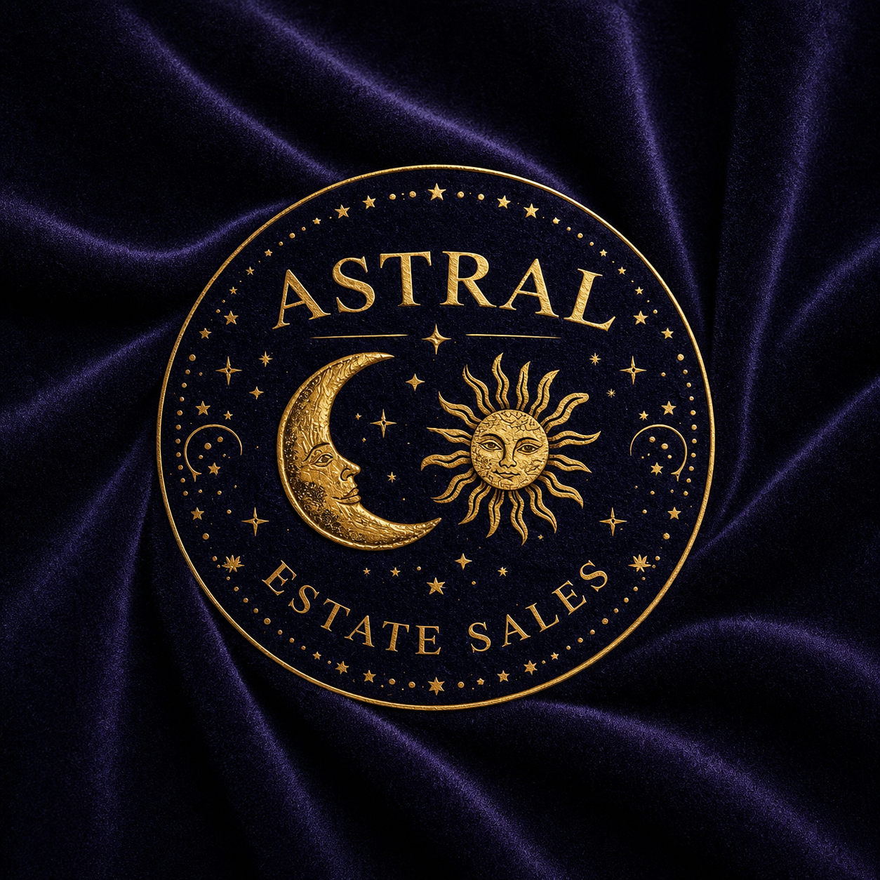 Astral Estate Sales gold celestial emblem on midnight velvet